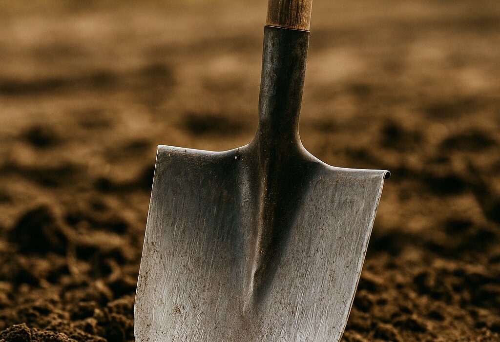 Łopata wbita w ziemię na placu budowy, symbol pracy fizycznej i nadzoru brygadzisty.
