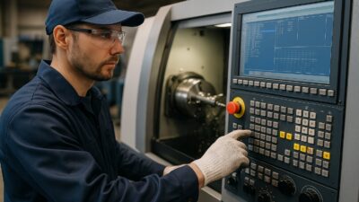 Operator CNC obsługujący panel sterowania maszyny w zakładzie przemysłowym.