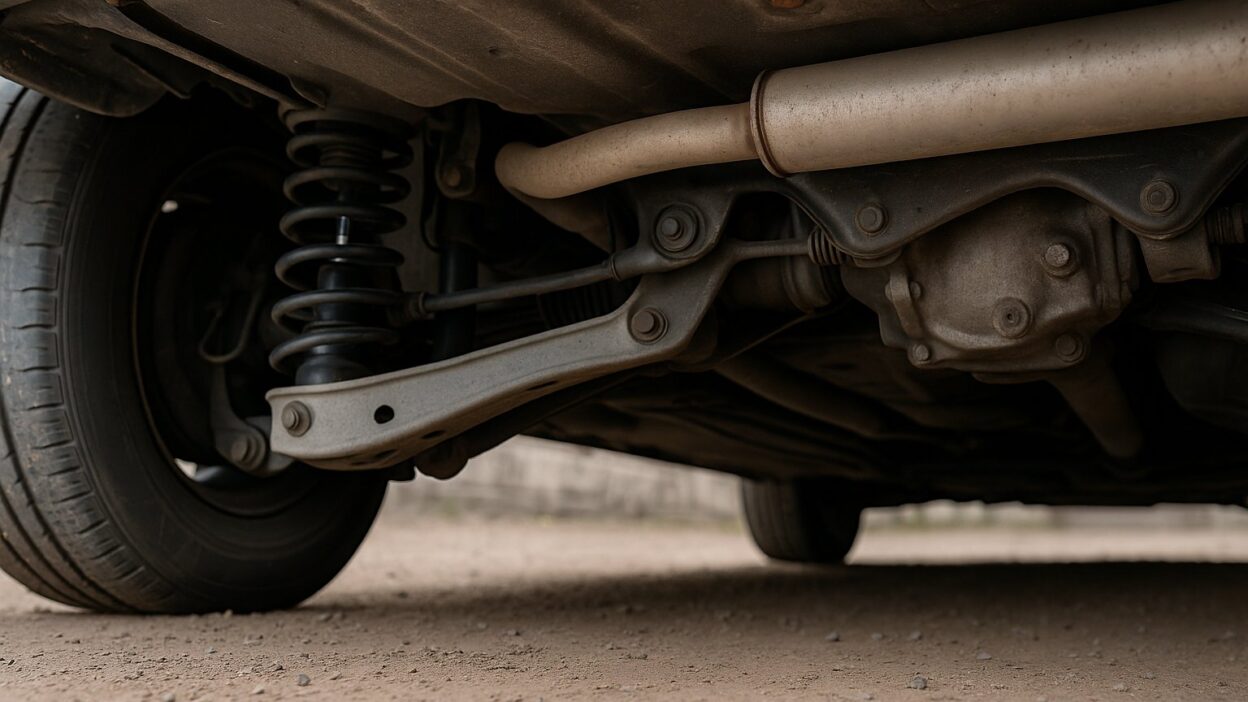 Podwozie samochodu widoczne od spodu z elementami zawieszenia i układu wydechowego.